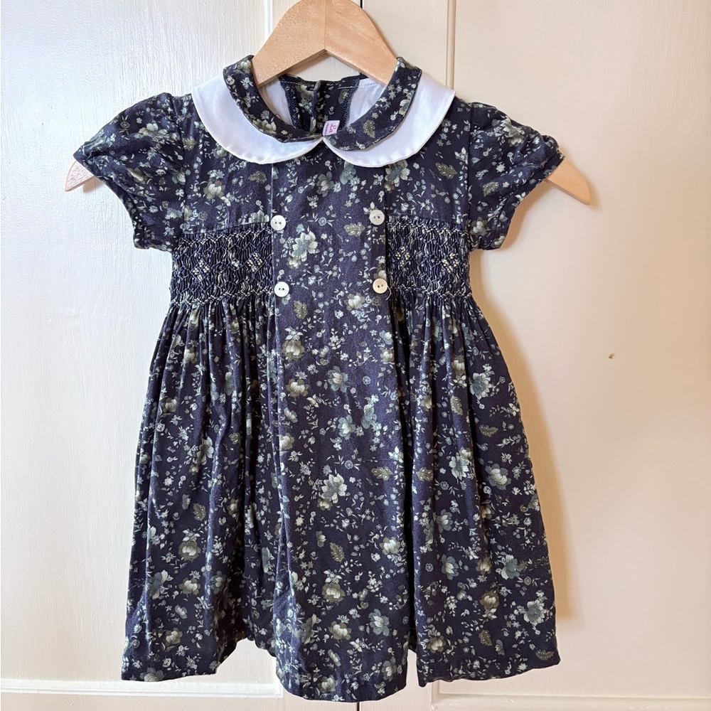 Navy Floral Kids Dress with White Collar